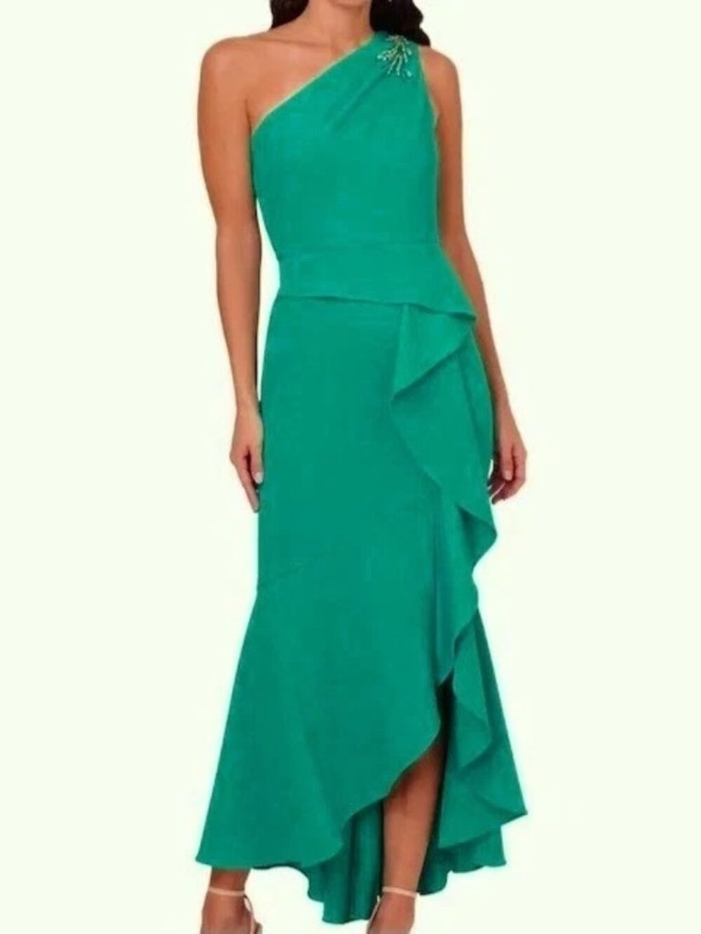 Papell Studo Teal Lagoon Green Beaded One-Shoulder Crepe Gown